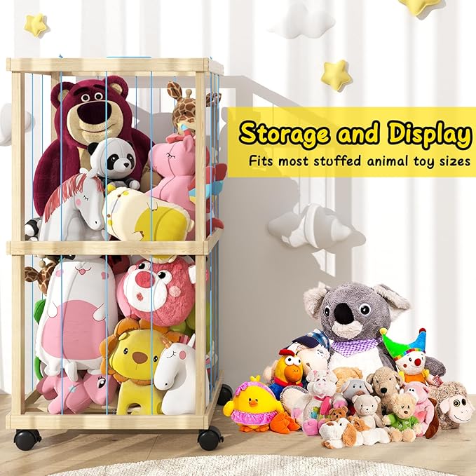 Stuffed Animal Zoo Storage Cage 35" Wood Large Stuffed Animal Storage Basket, PatioDeco Toy Storage for Big Small Stuffed Animals, Large Toy Organizer Holder for Kids Girls Boys