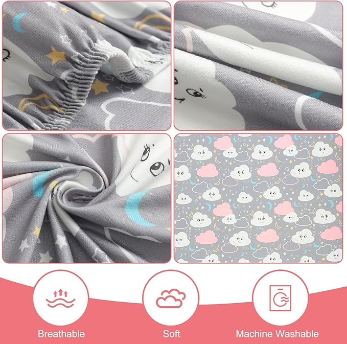 FHMJYHPack n Play Fitted Sheet. 2 Piece Mini Crib Sheet. Elastic Playard Sheet. Portable Sheet Set. Elastic Convertible Playard Set. Compatible with Graco Pack n Play. (Dinosaur Eggs and Cloud Baby)