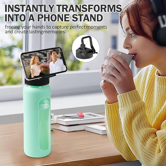 Glass Water Bottles with Straw -24oz- Water Bottle Phone Holder for Gym Sports Water Bottles with Silicone Sleeve Glass Drinking Bottles 2 Lids - Spout & Bamboo Straw Lid(Mint Green)