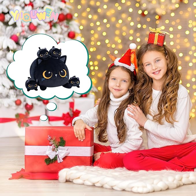 Black Cat Plush Cute Cat Stuffed Animal with 4 Baby Soft Pillow Christmas, Thanksgiving, Birthday Gift for Girls Boys Kids Decor