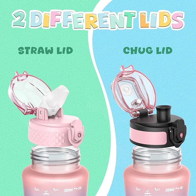 OLDLEY Kids Water Bottle for School, 12 oz (2 lids) BPA-Free Reusable Leak-proof Durable Tritan Plastic Bottles with Straw & Chug Lids, Anti-dust Spout Cover (Pink Blue)