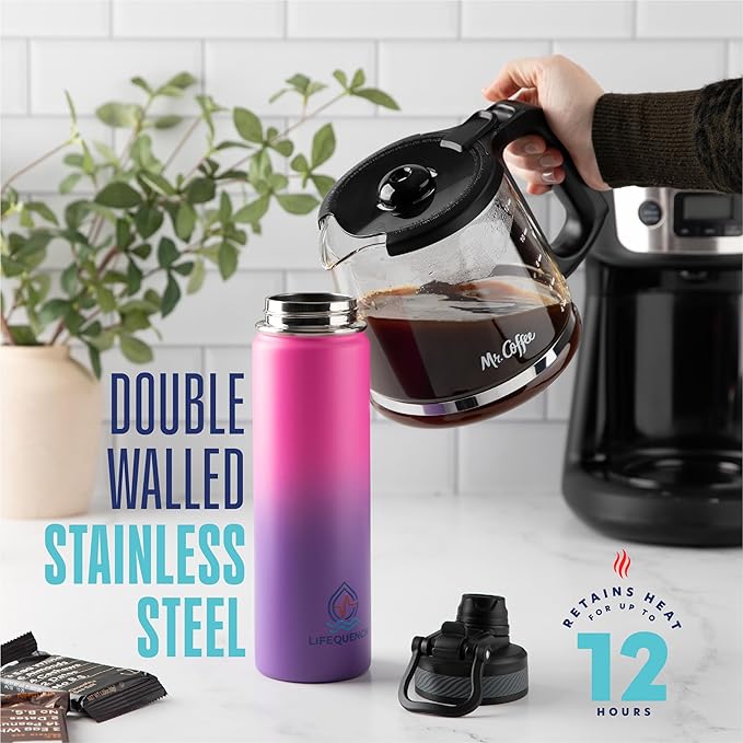 Insulated Water Bottle with Straw and Handle 22 oz-Stainless Steel Water Bottles with Straw, Dual Cap Function & Sleeve, Keeps Drinks Hot Up to 12 Hours & Cold Up to 24 Hours (Taffy)