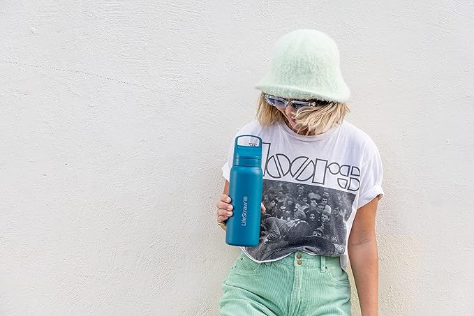 LifeStraw Go Series – Insulated Stainless Steel Water Filter Bottle for Travel and Everyday use removes Bacteria, parasites and microplastics, Improves Taste, 24oz Laguna Teal