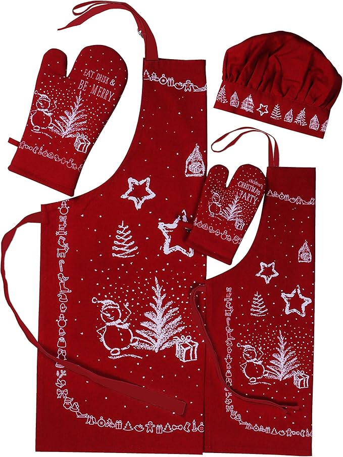 AMOUR INFINI 100% Cotton Christmas Party 5-Piece Kitchen Set Women's Aprons and Oven Mitts|Kid's Aprons, Oven Mitts, and Chef Hats for Kitchen Play, Baking Fun|Thanksgiving,Christmas Gift for Kid's