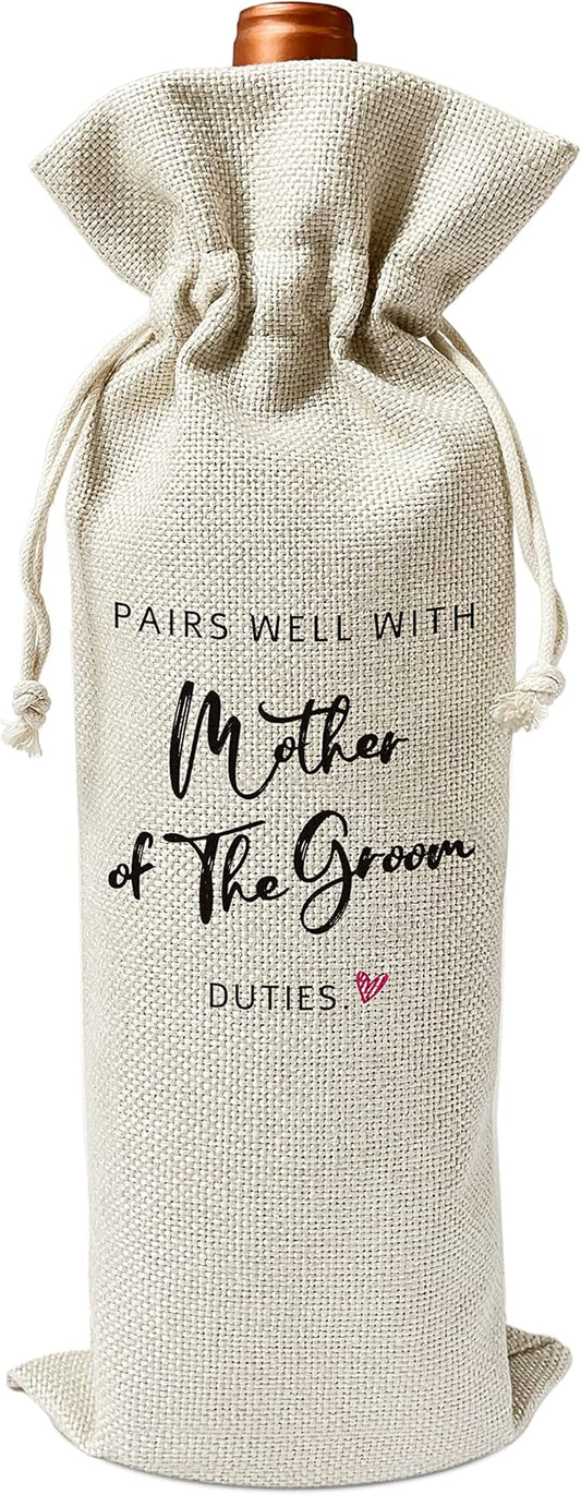 Mother of the Groom Wine Gift Bags - for Wedding, Engagement - Reusable Burlap With Drawstring Gift Bag (5.5"x 13.5")-1 Pcs/jiu030