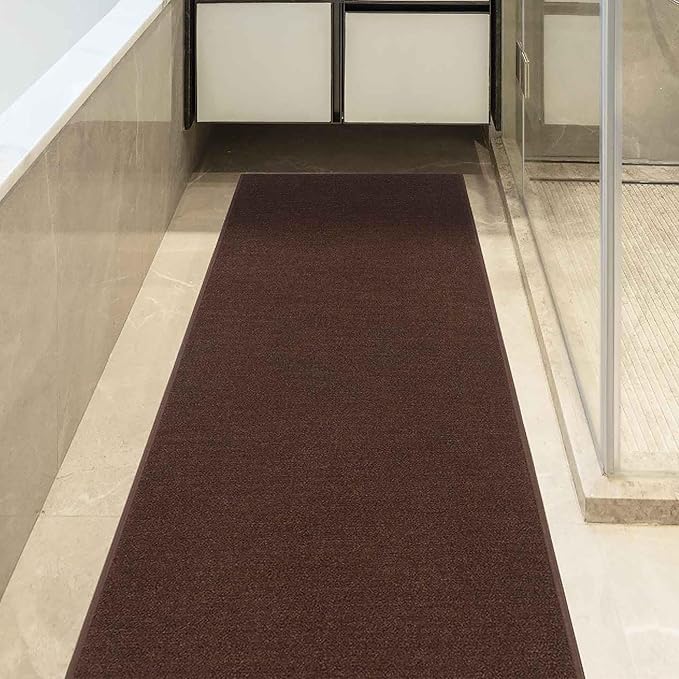 Machine Washable Modern Solid Design Non-Slip Rubberback 3x10 Traditional Runner Rug for Hallway, Kitchen, Bedroom, Living Room, 2'7" x 9'10", Brown