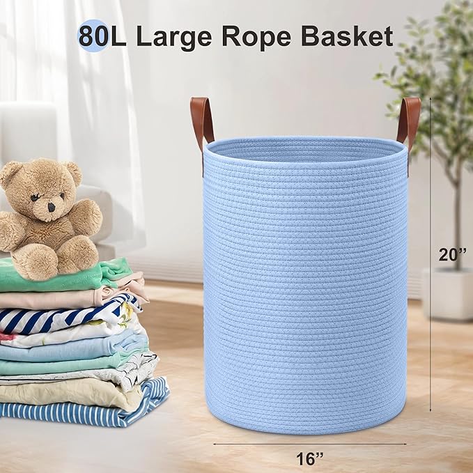 80L Large Rope Basket, Woven Rope Storage Basket with Leather Handles, Dog Toy Storage Basket, Bedroom, Nursery Blanket Storage, Bathroom Laundry Basket, 16“x20” Tall Rope Basket (Blue)