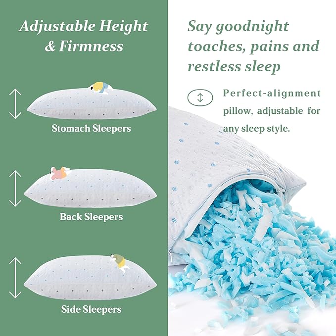 Cooling Standard Pillows Set of 2 Adjustable Height & Firmness Shredded Memory Foam Bed Pillows for Sleeping with Soft Cover Sleeping Pillows for Adults for Side Back Stomach Sleeper