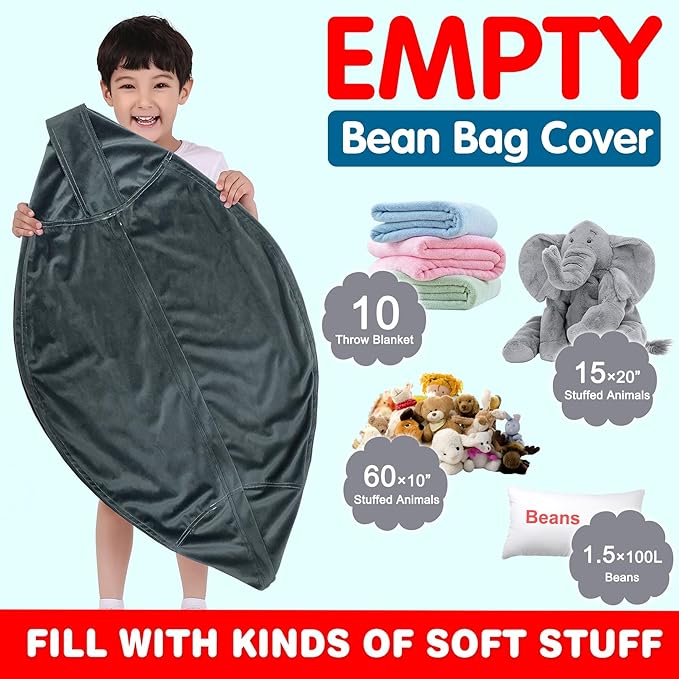 Lukeight Stuffed Animal Storage Bean Bag Chair Cover for Kids, Zipper Beanbag Chair Cover for Organizing Toddler and Kids' Rooms Plush Toys (Dark Gray Velvet, Large)