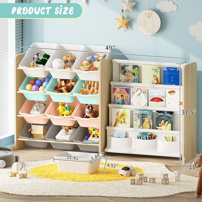 Kids Toy Storage Organizer - Toy Organizer with Kids Bookshelf, Toy Storage with 12 Toy Multi-color Bins and 4 Book Shelves, Toy Organizers and Storage for Playroom, Nursery, Kids Room, Burlywood