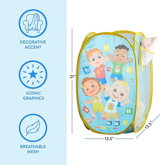 Idea Nuova Cocomelon Pop Up Hamper with Durable Carry Handles, 21'' H x 13.5'' W X 13.5'' L