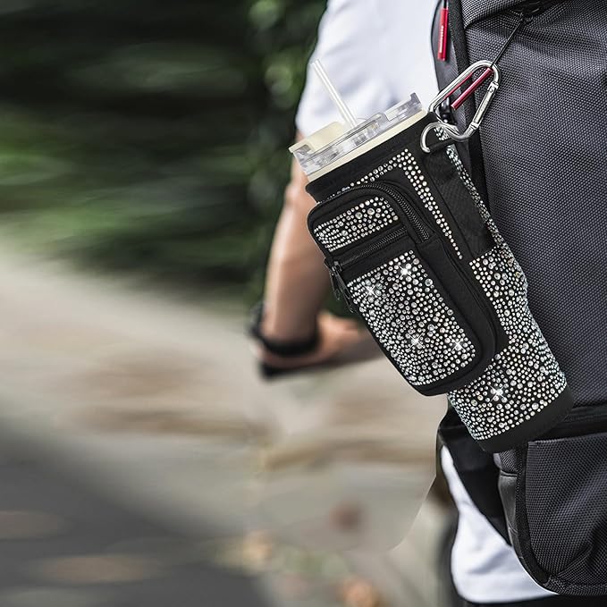 Bling Water Bottle Carrier Bag with Phone Pocket,Water Bottle Holder Bag for Stanley Cup Accessories,Cup Holder with Adjustable Shoulder Strap with Stanley 40 & 30 oz Tumbler,Black