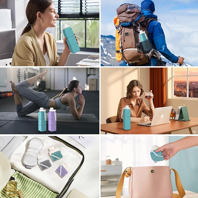 Foldable Water Bottle for Travel Cycling Gym Camping Sports,Leakproof Lid,Food Grade BPA-Free Silicone Travel Bottles 610ml -Lightweight 21oz Portable,Wide Mouth ,Durable,Collapsible Water Bottle