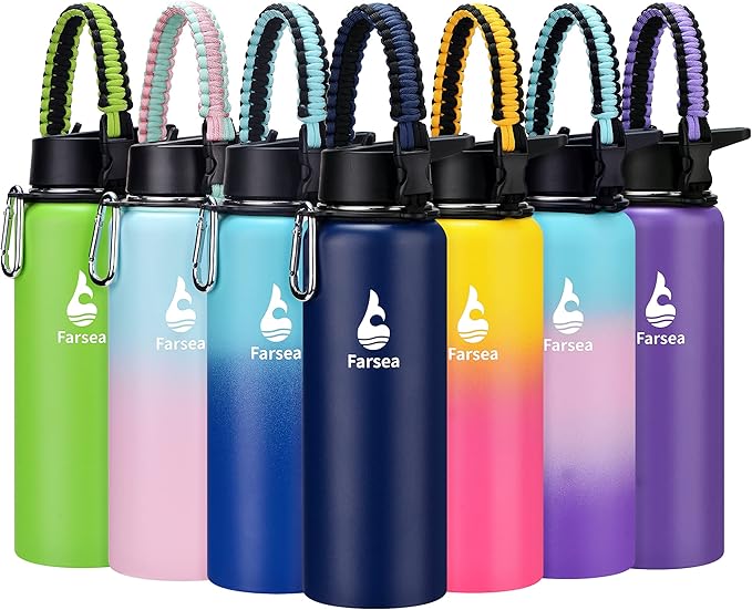 Farsea Insulated Water Bottle with Straw Lid & Spout Lid & Paracord Handle, Stainless Steel Water Bottle Wide Mouth, Double Wall Sweat-Proof BPA-Free, 40 oz, Blue
