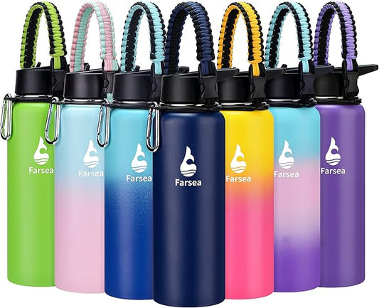 Farsea Insulated Water Bottle with Straw Lid & Spout Lid & Paracord Handle, Stainless Steel Water Bottle Wide Mouth, Double Wall Sweat-Proof BPA-Free, 40 oz, Blue