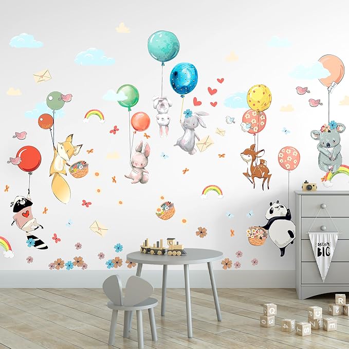 Hot Air Balloon Wall Decals for Kids by Lipastick – 83 pcs Cartoon Animals Wall Decals for Girls Boys Kids Baby - Animal Wall Stickers for Nursery Room Bedroom - Raccoon Fox Koala Panda L Size