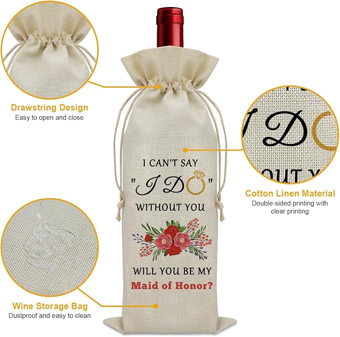 Maid of Honor Gifts Wine Bag Maid of Honor Proposal Gifts Bridesmaid Gifts for Wedding Day Wine Bottle Decoration Bag Bridal Shower Gifts for Bridesmaids Wine Accessories Gifts for Wine Lovers