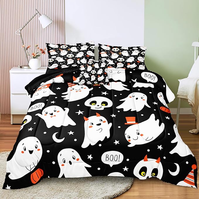 Bedbay Happy Halloween Comforter Set Queen Size Cartoon Ghost Horror Themed Bedding for Kids Boys Teen 4 Pcs Soft Microfiber Bedding Sets for All Season(Ghost,Queen)
