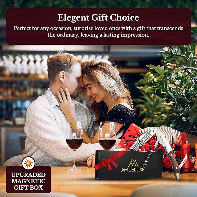 Premium AM DELUXE Waiter Corkscrew Wine Opener - Wine Key For Servers Bartenders, Heavy Duty Stainless Steel With Rosewood Inlay, Serrated Foil Cutter, Cork Screw Wine Bottle Opener, Magnetic Gift Box