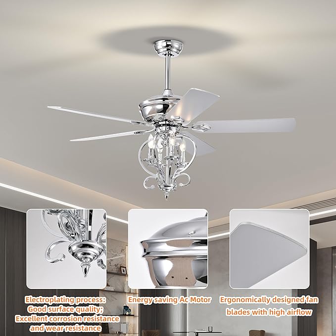 NicBex Ceiling Fan 52 Inch Ceiling Fan with Lights Industrial Ceiling Fans with 5 Blades and Remote Control Ceiling Fan with Small Lamp Shade for Bedroom, Living Room, Silver