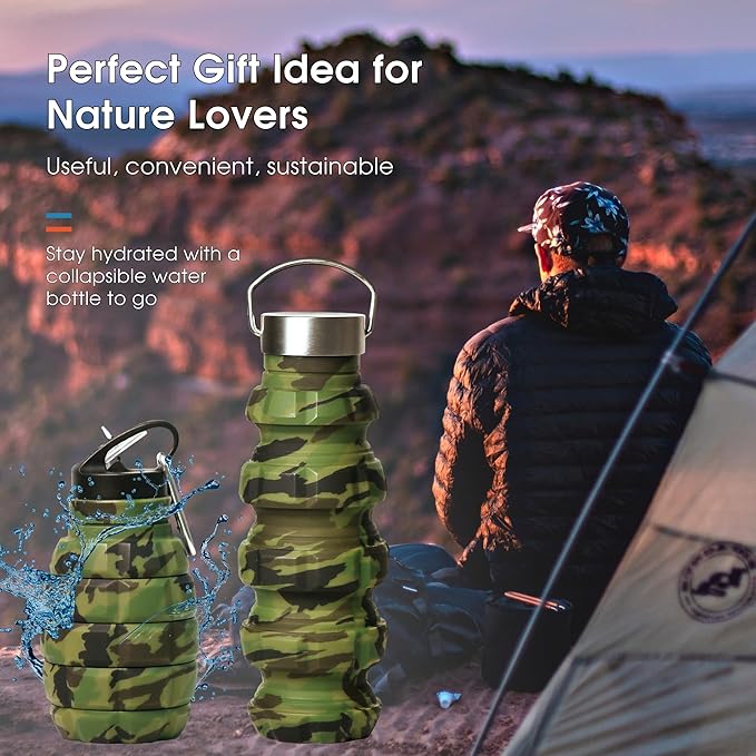 Collapsible Water Bottle 19.6oz/580ml (Woodland Camo) - 2 Lids, Carabiner, Gift Box - Leak Proof Silicone Gym Water Bottles Army - Military Veterans Day Gifts for Him - Hiking & Camping Accessories