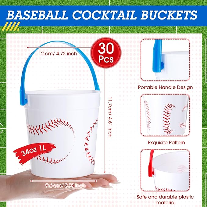 Mifoci Baseball Small Plastic Bucket with Handles 34 oz Versatile Baseball Treat Bucket Baseball Ice Bucket Bulk for Wine Beverage Baseball Party Bar Alcohol Beer Snack Drink Pail Gifts(30 Pcs)