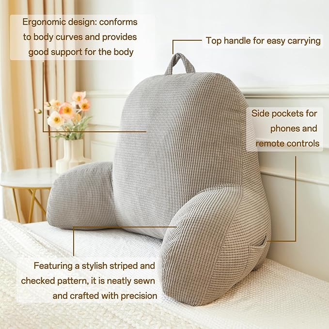 Back Pillow for Bed Sitting Up,Reading Pillow for Sitting in Bed Adult with Arm Pillow,Back Rest Pillow for Sitting in Bed with Pockets,While Gaming,Working,Watching,Large-Gray