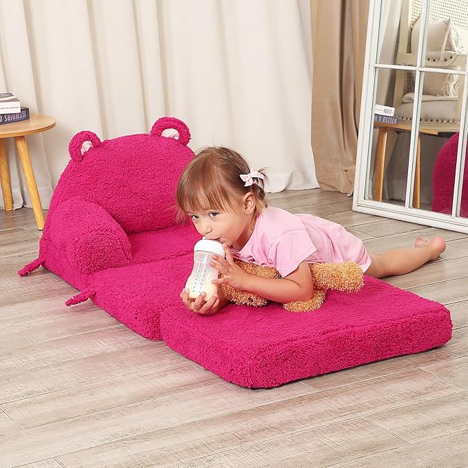 Foldable Kids Sofa, Sherpa Pink Teddy Bear Toddler Couch with Tri Folding Foam Cushions, Comfy Kids Couch for Kids Age 18 Months and Up