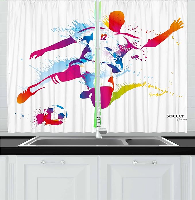 Ambesonne Sports Kitchen Curtains, Soccer Proffesional Player Kicks Ball Watercolor Style Spray Championship Image, Window Drapes 2 Panel Set for Kitchen Cafe Decor, 55" x 36", Orange Magenta