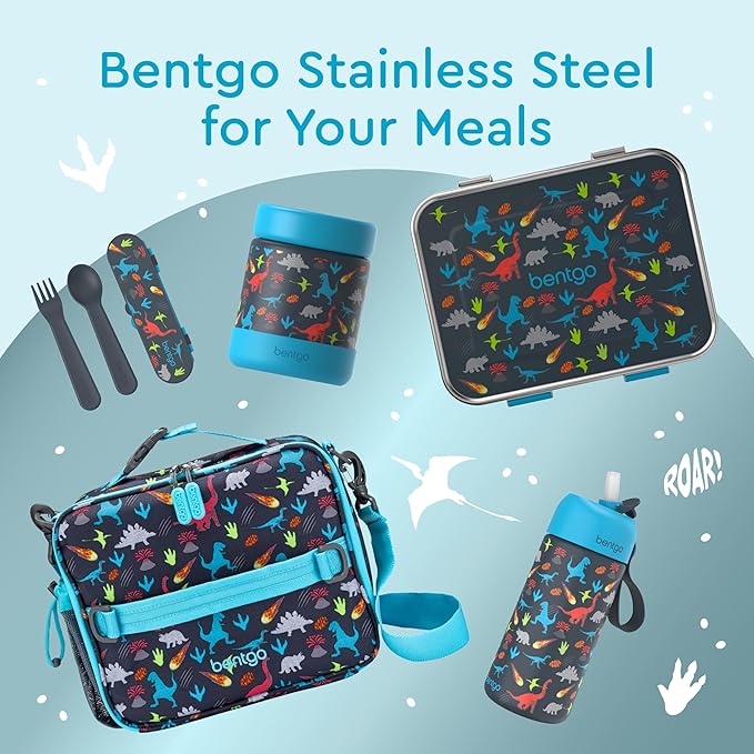 Bentgo® Kids Stainless Steel Insulated Water Bottle - Leak-Proof; Keeps Cool for 12 Hours; Durable, BPA-Free, Dishwasher Safe 14 oz. Cup for Ages 3+ for School/Sports/Daycare (Dinosaur)