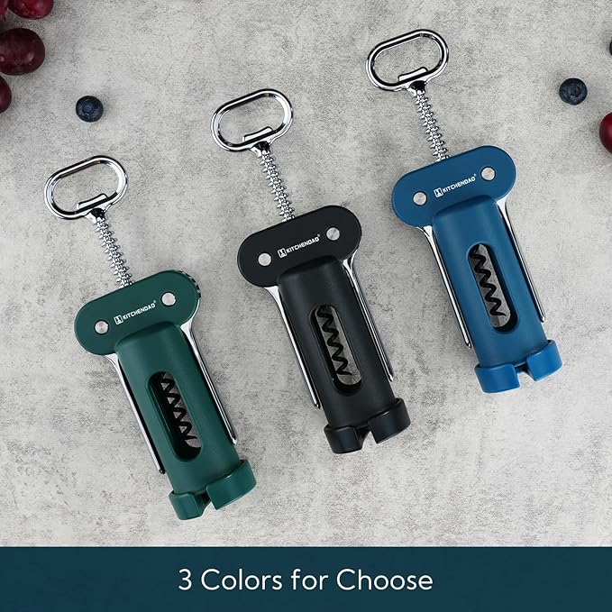 KITCHENDAO 3 in 1 Wing Corkscrew Wine Bottle Opener with Foil Cutter, Built-in Beer Bottle Opener, Multifunctional Wine Opener with Non-Stick Sharp Screw,Easy to Use, Manual Wine Corkscrew，Green