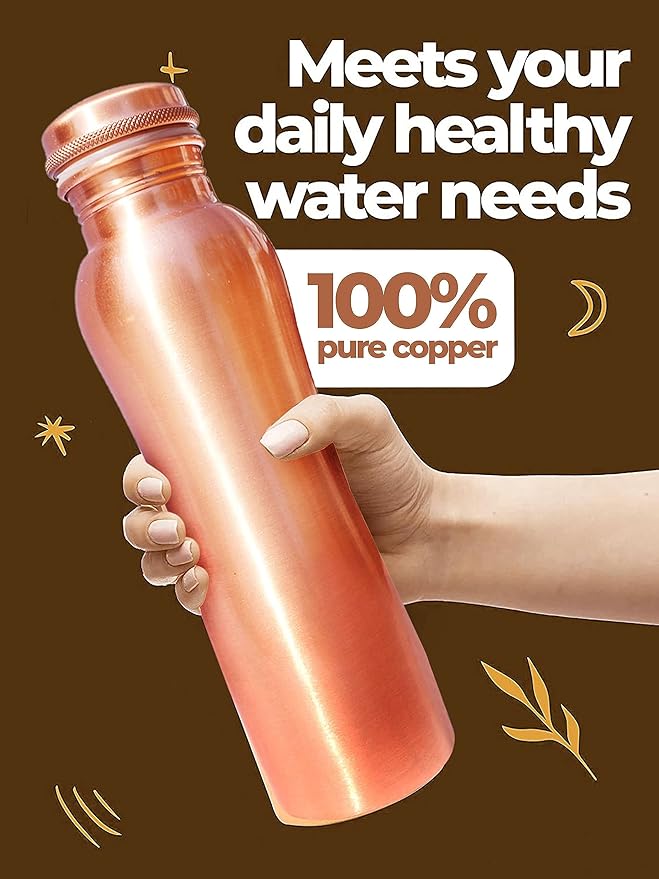 Matt Finish Copper Water Bottle - Joint Less Leak Proof Ayurvedic Drinkware Copper Vessel for Sports, Gym, Outdoors, Yoga, (Design 3)