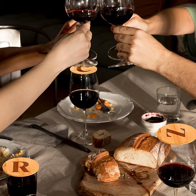 Personalized Wine Glass Charcuterie Topper - Custom Laser Engraved Initial Bamboo Wine Glass Topper Stopper Coasters Plate ID Identification Wine Glass Charcuterie Board Topper (Letter M)