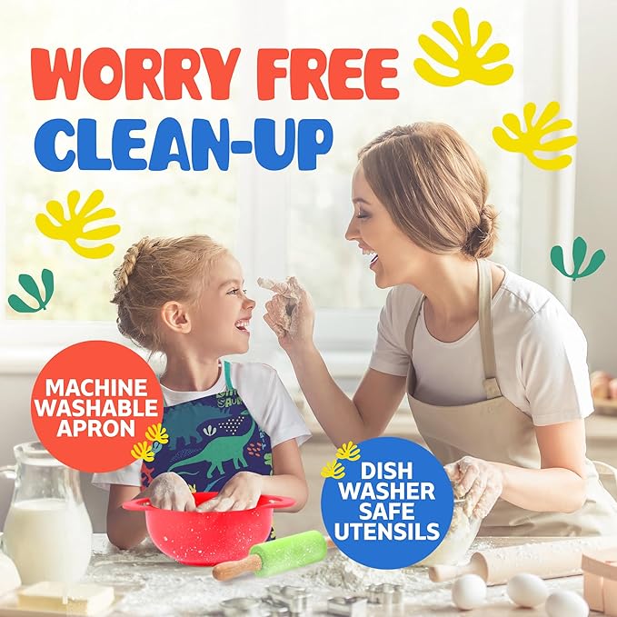 Osmi Complete Kids Baking Set - 14pc Dinosaur Chef Baking Kit - Premium Kid Cooking Gift Set w/ Real Utensils for Boys and Girls 4-12 - Bake Cookies, Cakes, and Cupcakes (Dino Theme)