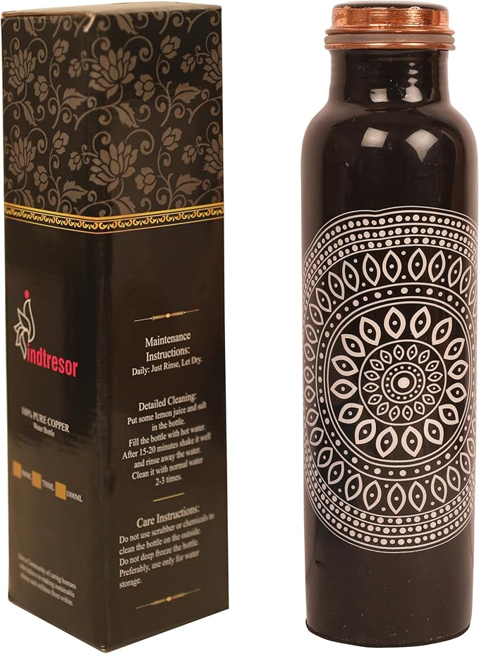 Pure Copper Water Bottle - Handcrafted - Ayurveda health benefits - Large 35 oz - Leak proof - Easy to carry for Sports, Fitness, Yoga, School - Ethnic Rangoli Inspired Black Base Enamel