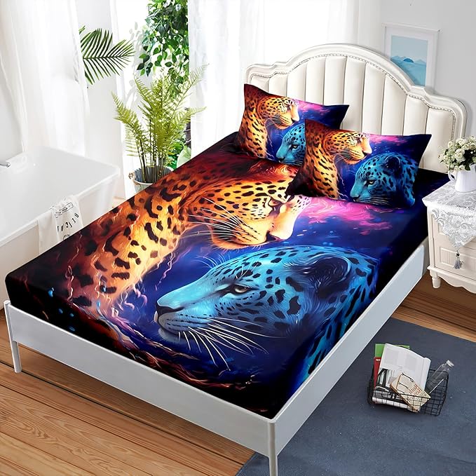 AILONEN Leopard Print Fitted Sheet Set Twin Size,Safari Wildlife Cheetah Bed Sheet Set Twin Size for Boys Kids,3 Pieces Animal Leopard Twin Fitted Sheet with 2 Pillowcases Decor