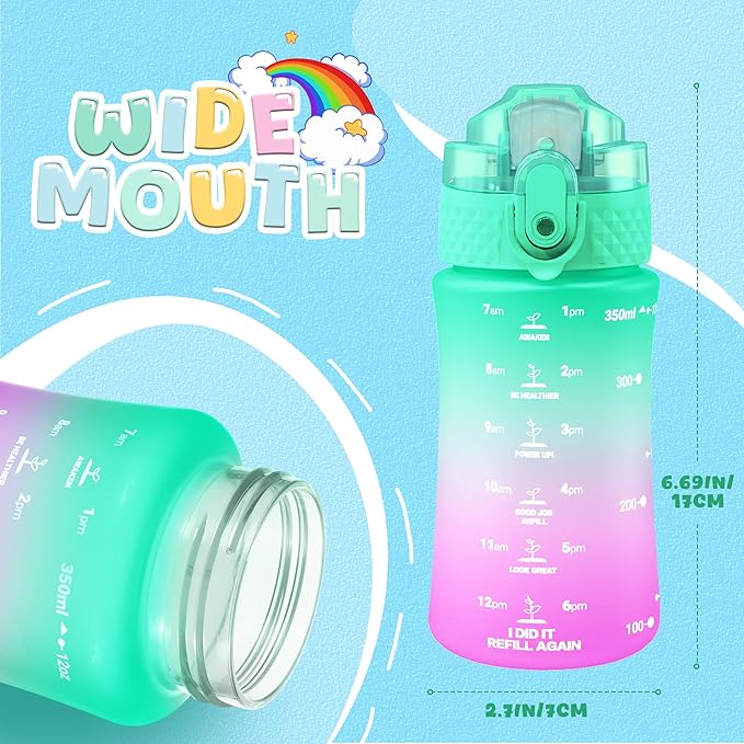 OLDLEY Kids Water Bottle for School, 12 oz (2 lids) BPA-Free Reusable Leak-proof Durable Tritan Plastic Water Bottles with Straw & Chug Lids, Anti-dust Spout Cover (Green Purple)