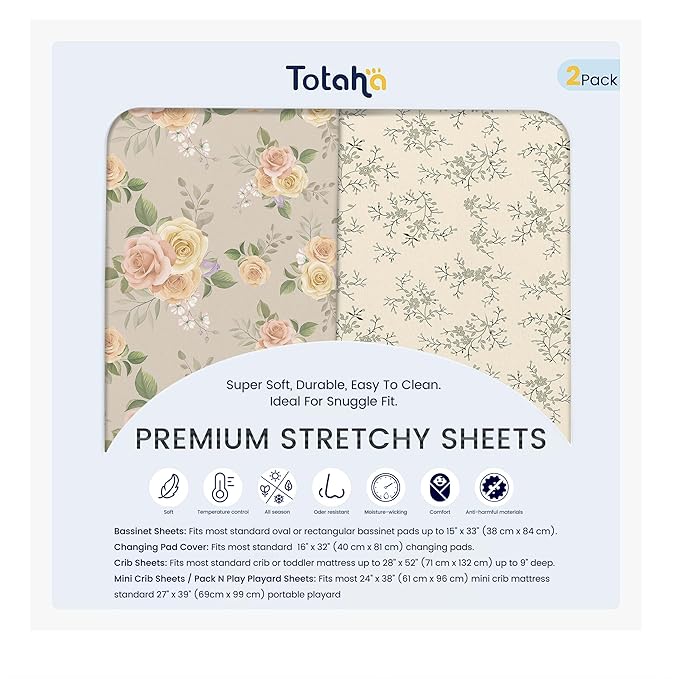 TotAha Crib Sheets for Boy Girl, Premium Soft Fitted Crib Mattress Sheet, Super Stretchy Jersey Knit Baby Bed Sheets, 28x52x9 Extra Deep Pocket, 2 Pack (Vintage Rose & Brunch)