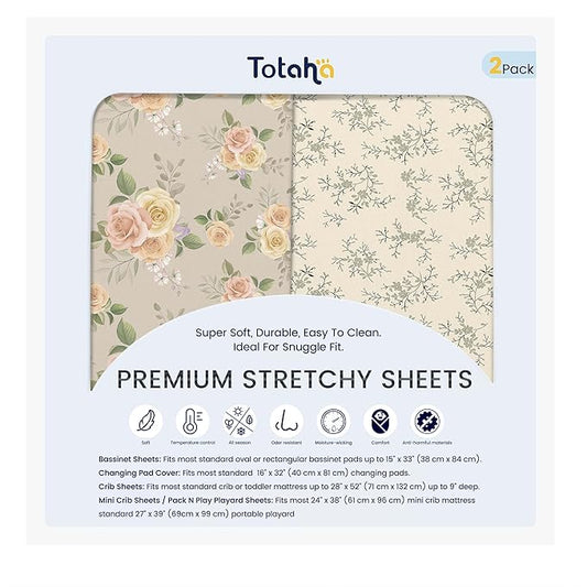 TotAha Crib Sheets for Boy Girl, Premium Soft Fitted Crib Mattress Sheet, Super Stretchy Jersey Knit Baby Bed Sheets, 28x52x9 Extra Deep Pocket, 2 Pack (Vintage Rose & Brunch)