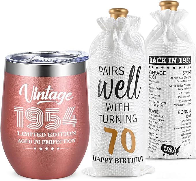 Lifecapido 70th Birthday Gifts for Women, Vintage 1954 Limited Edition Insulated Wine Tumbler with Wine Bag, 70 Year Old 70th Birthday Presents Christmas Gifts for Mom Grandma Wine Lover, 12 oz