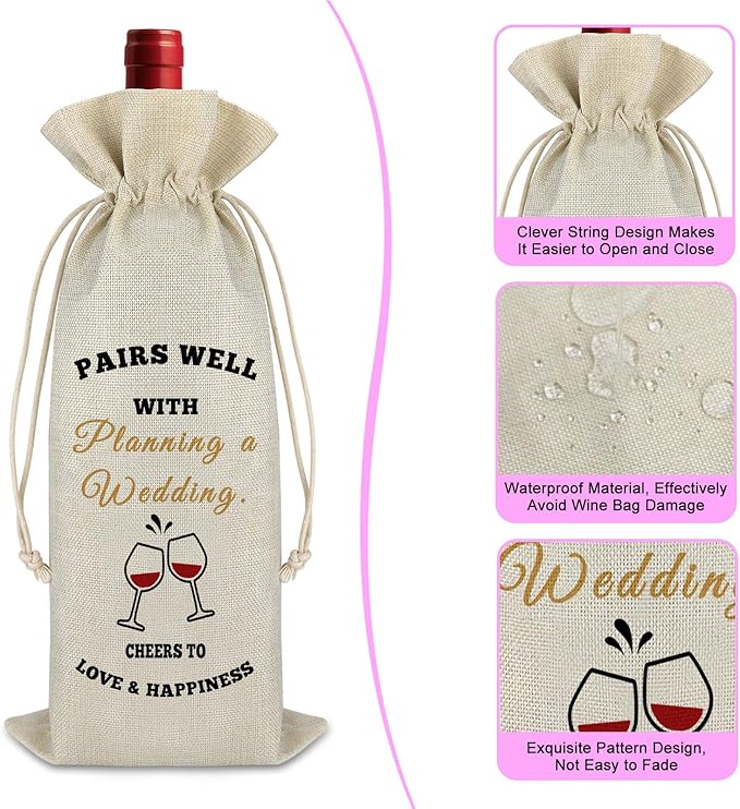 Christmas Gift Engagement Gift for Couple Champagne Wine Bags Wedding Planning Gift Bridal Shower Gift for Women Congrats Gift for Friend Newlywed Reusable Wine Bag Cheers to Love Happiness Burlap Bag