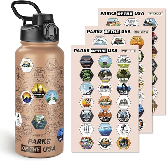 National Parks Water Bottle with Stickers and Straw,32oz Double Wall Vacuum Wide Mouth Insulated Water Bottle for Travel,BPA-free and Leak-proof (32oz,Mocha)