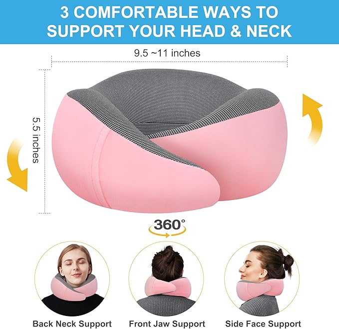 MULIHOMI™ New Packaging Updated Travel Pillow for Airplane with 100% Memory Foam, 360° Adjustable Full Surrounding Flying Neck Pillows, Travel Pillow Set with 3D Eye Masks, Earplugs (Pink)