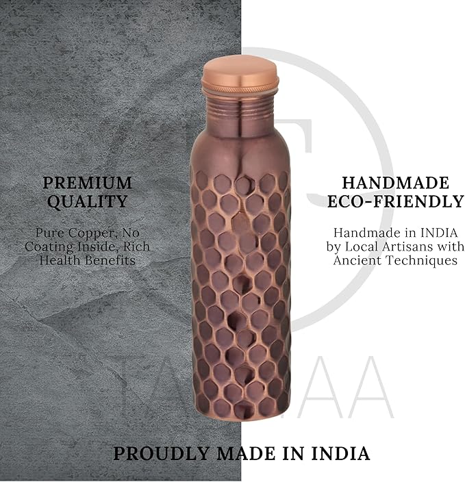 Pure Copper Water Bottle - 32 oz - Indian Handmade Ayurveda Healing Benefit Drinking Water Bottle for Travel, Hiking, Gym, Office, Outdoor - Antique Finish