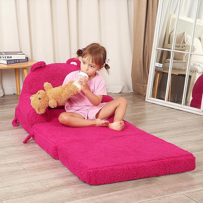 Foldable Kids Sofa, Sherpa Pink Teddy Bear Toddler Couch with Tri Folding Foam Cushions, Comfy Kids Couch for Kids Age 3-6