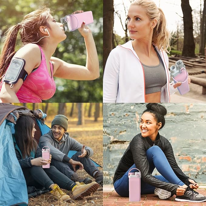 THAIOXYH® Collapsible Water Bottle 20 oz（600ml） Silicone BPA Free Reuseable Lightweight Foldable Water Bottles for Traveling Running Hiking Camping Sports (Pink)