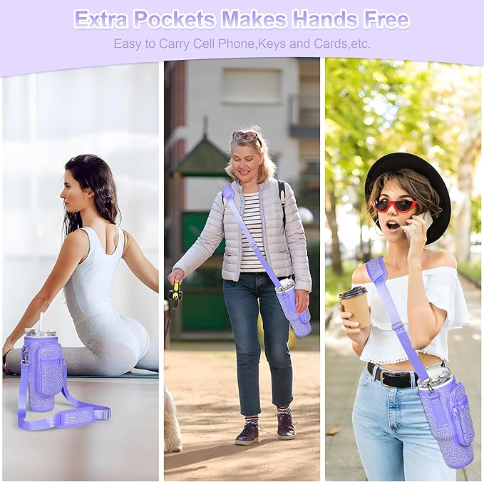 Bling Diamond Water Bottle Carrier Bag with Phone Pocket for Stanley 40/30 oz Tumbler with Card Holder,Neoprene Water Bottle Holder Pouch with Adjustable Strap for Stanley Cup Accessories