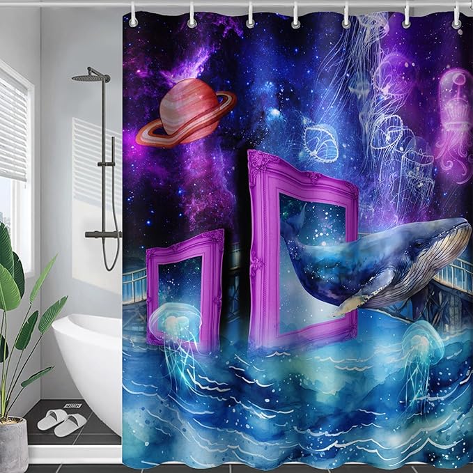 AILONEN 3D Whale Shower Curtains,Purple Galaxy Bath Curtains,Ocean Jellyfish Curtains for Kids Girls,Polyester Waterproof for Bathroom with 12 Hooks,72" W*96" H Purple