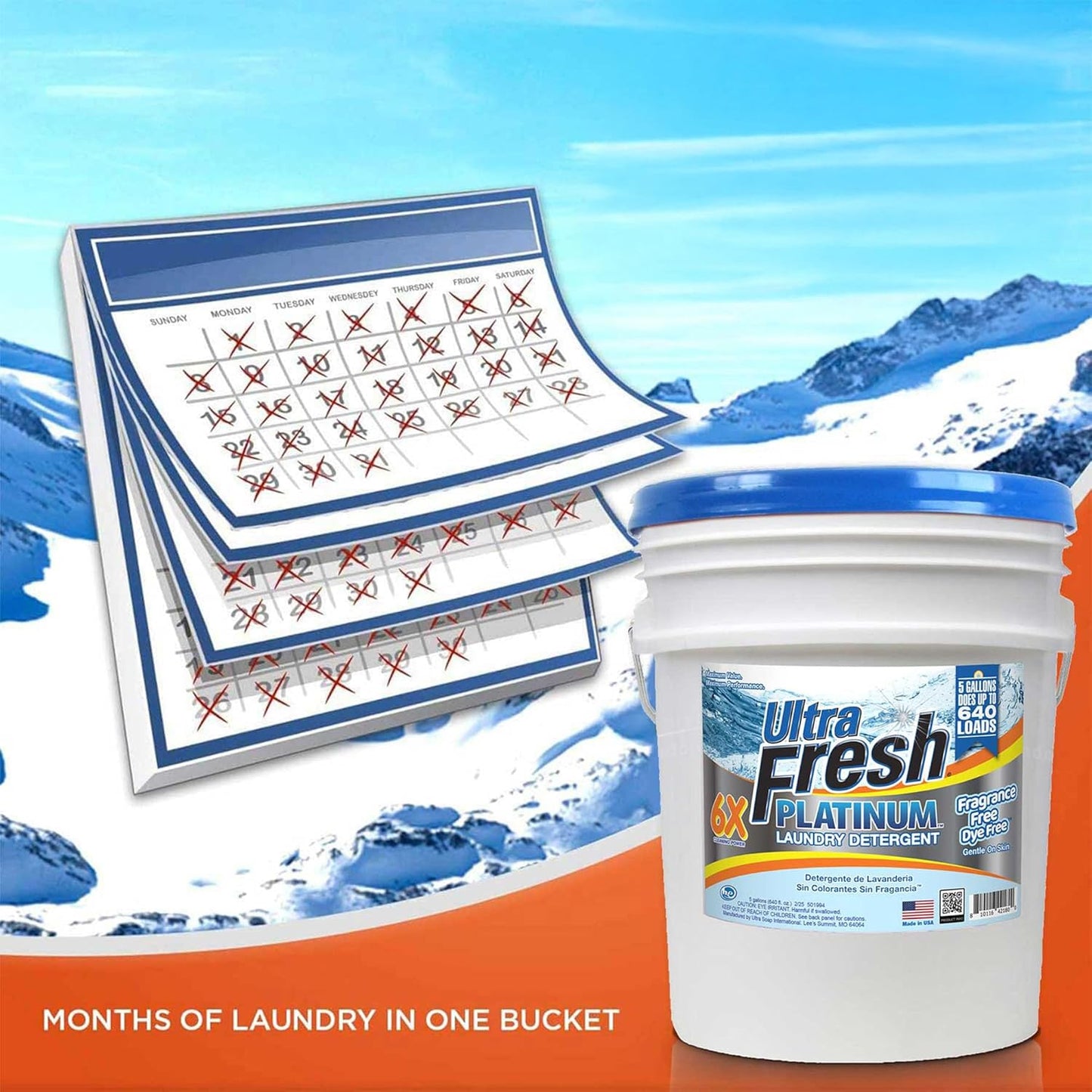 Ultra Fresh Liquid Laundry Detergent Washing Soap, 6X Platinum, Fragrance Free and Dye Free, 5 Gallon - Fabric Odor Remover to Wash Clothes and Sheets