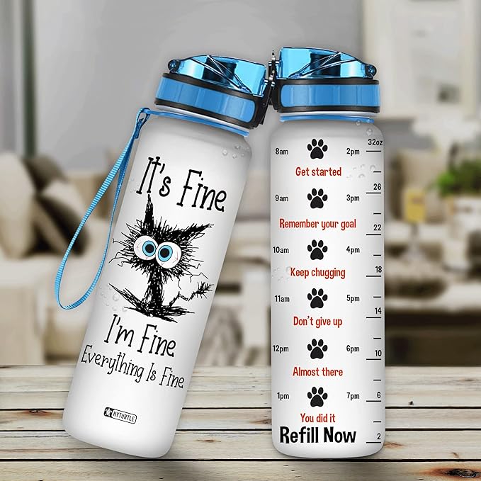 Hyturtle Cat Water Bottle - 32 Oz 1Liter Motivational Bottle With Time Marker, It's Fine I'm Fine Everything Is Fine Water Bottle Gifts For Daughter Farm Girl Cat Pet Lover Christmas Birthday